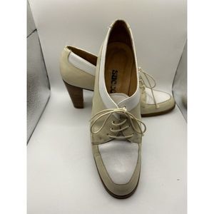 Sacco Vintage Oxford Pumps Cream White Lace Up Stacked Heel Saddle Shoes Women 8